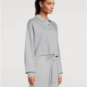 Alo Henley Cropped Long Sleeve Polo Sweatshirt in Light Gray